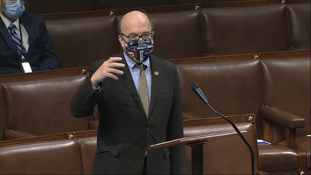 In this image from video, Rep. Jim McGovern, D-Mass., speaks on the floor of the House of Representatives at the U.S. Capitol in Washington on April 23. (House Television via AP)