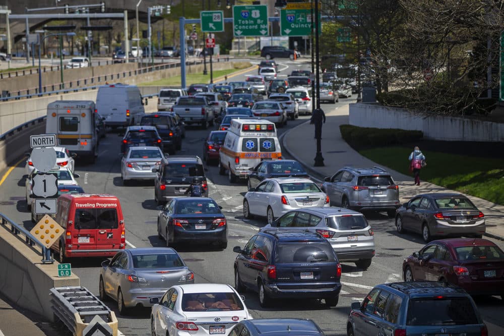 About a year before the current pandemic, mid-day traffic on Storrow Drive last May. (Jesse Costa/WBUR)