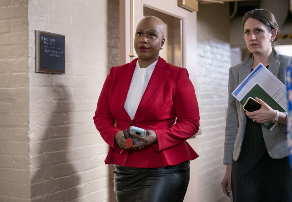 Rep. Ayanna Pressley, D-Mass., and other House Democrats arrive to meet with Speaker of the House Nancy Pelosi, D-Calif., on Capitol Hill in Washington on March 11. (J. Scott Applewhite/AP)
