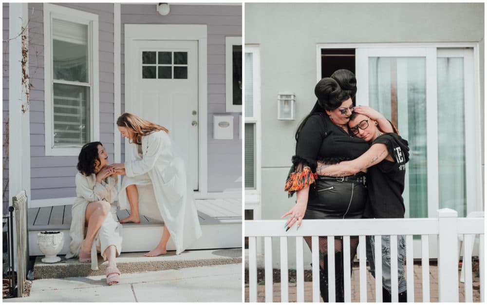 Left: Masha and Eleanor on their porch in Jamaica Plain. Right: Kirbie and Po outside of their home in Revere. (Courtesy Ally Schmaling)