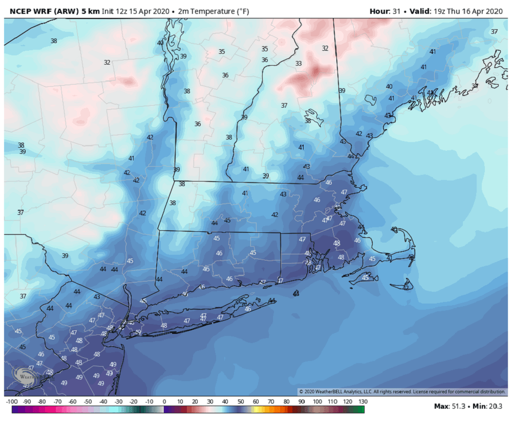 Cold weather today is followed by the potential for some wet snow on Friday night. (Courtesy WeatherBell)