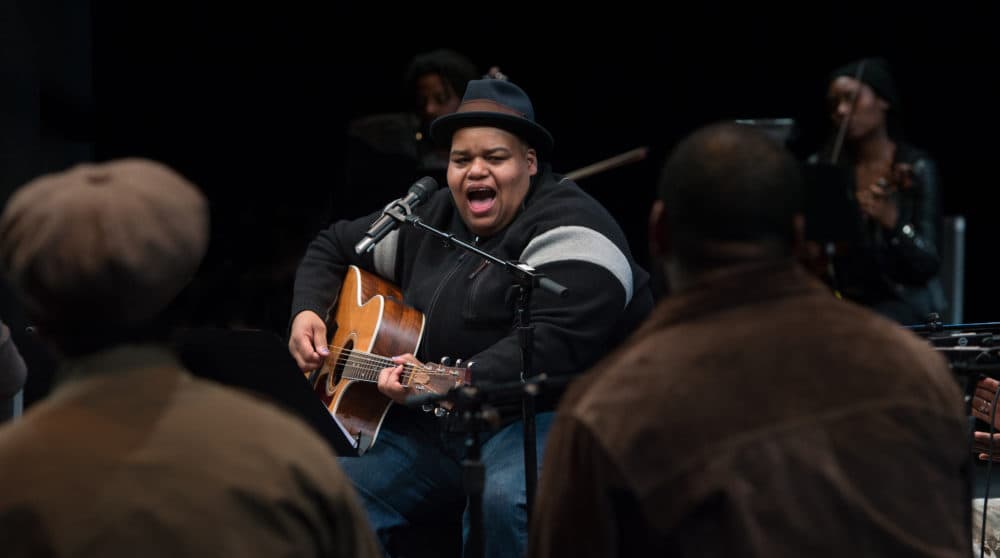 Toshi Reagon performs during &quot;Octavia E. Butler's Parable of the Sower: A Concert Performance&quot; at ArtsEmerson in 2017. (Courtesy Kevin Yaratola)