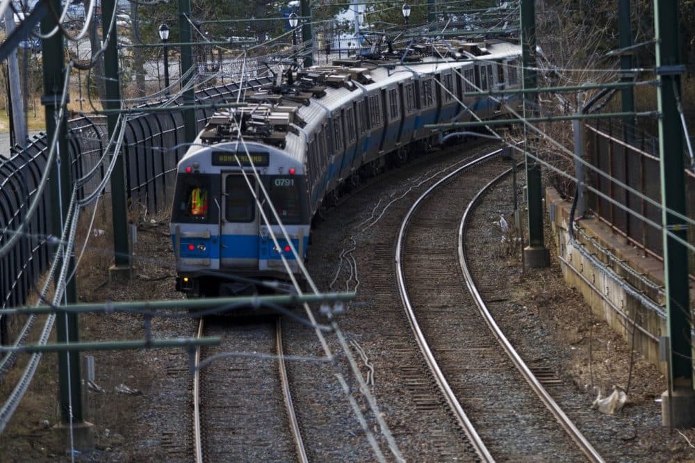 An outbound MBTA Blue Line train on its way to Orient Heights Station in East Boston. (Jesse Costa/WBUR)