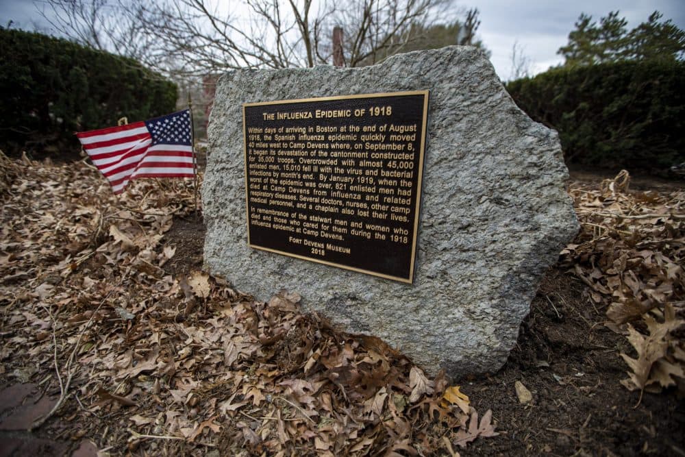 The second wave of the Spanish flu hit Boston particularly hard as America prepared for World War I. Here is a photo of the 1918 Flu Pandemic Memorial, located in nearby Rogers Field in Devens. (Jesse Costa/WBUR)