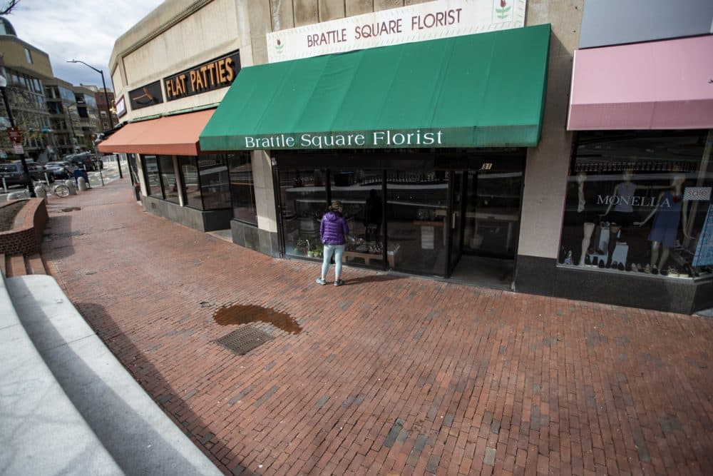 In a deserted Harvard Square, Brattle Square Florist remained closed prior to the governor's latest loosening of rules on non-essential businesses. (Jesse Costa/WBUR)