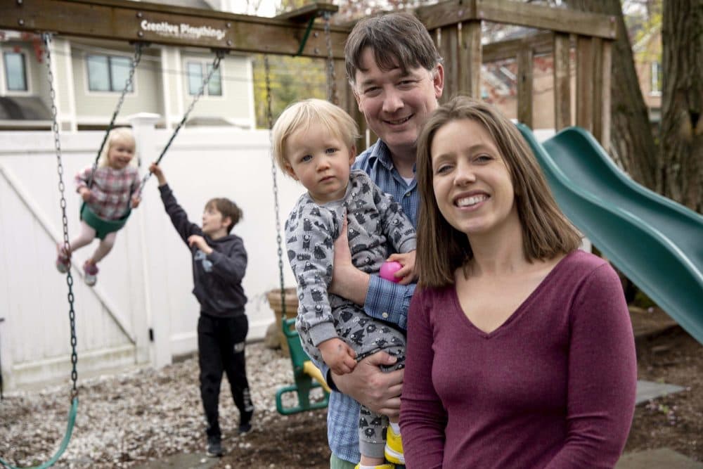 Angela Spence with her husband Tyler, and their kids Parker, Cate and Griffin. (Robin Lubbock/WBUR)