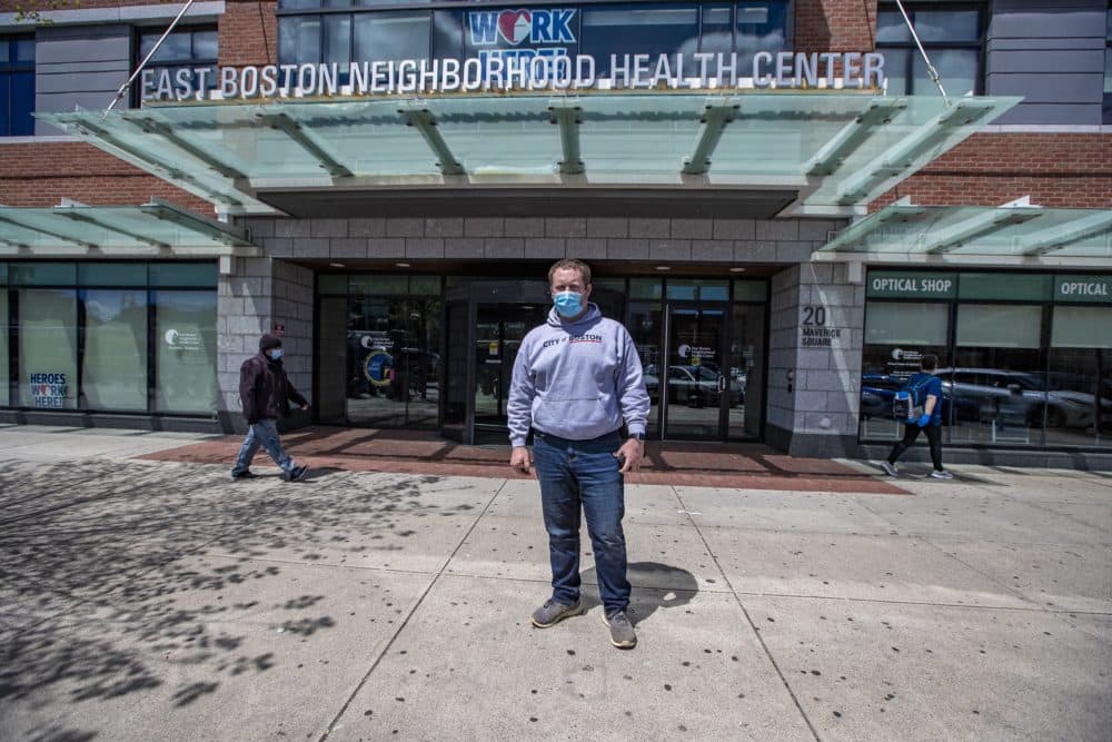 Michael Sulprizio stands in front of the East Boston Neighborhood Health Center. He was one of the people in Boston tested for antibodies. (Jesse Costa/WBUR)