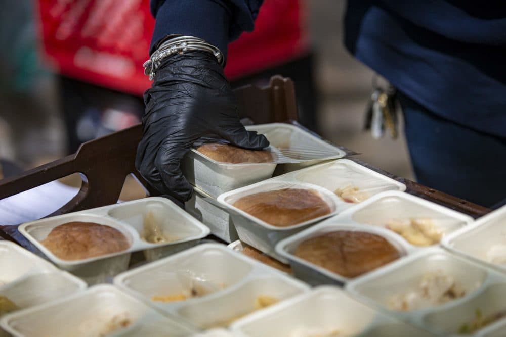 Lunches of turkey sandwiches and pasta salad, given with fresh fruit to youth from the city. Any youth in the city, including those who do not attend Boston Public Schools, can access the meals. (Jesse Costa/WBUR)