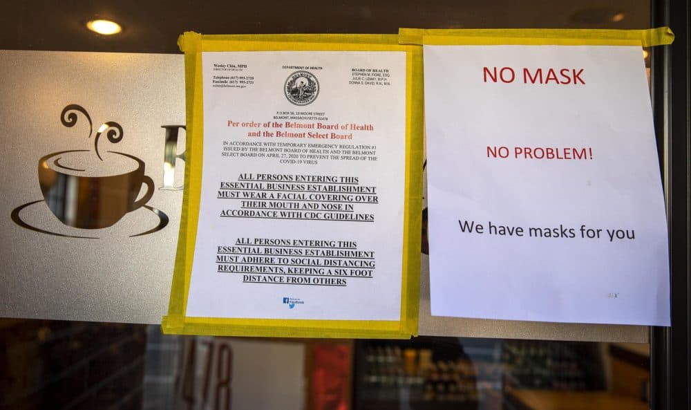 While some stores turn away customers who don’t have a mask, the Belmont cafe’s solution is to give them one. (Robin Lubbock/WBUR)