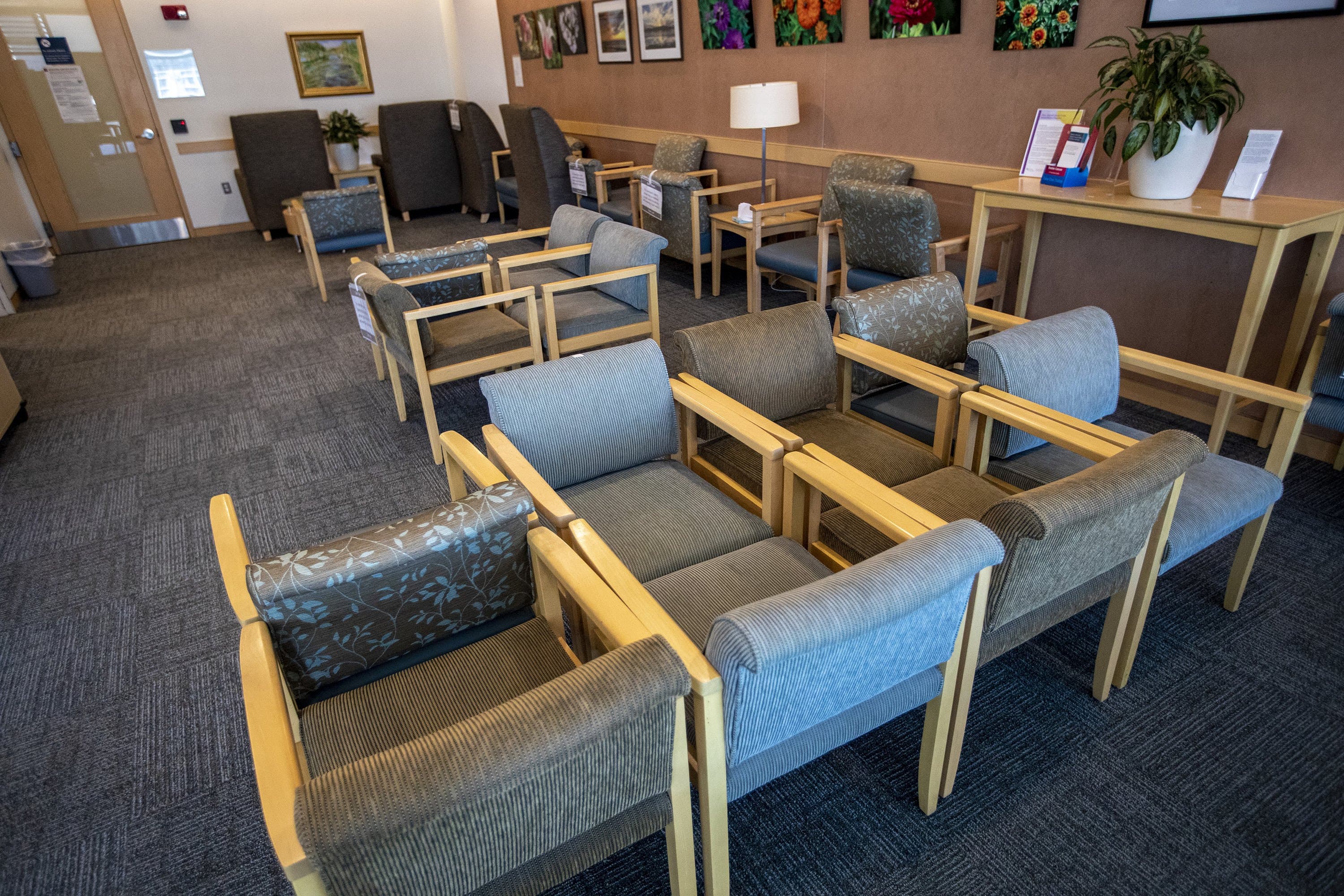 Two views of waiting rooms, carefully engineered to make sure patients are at least six feet apart. (Jesse Costa/WBUR)
