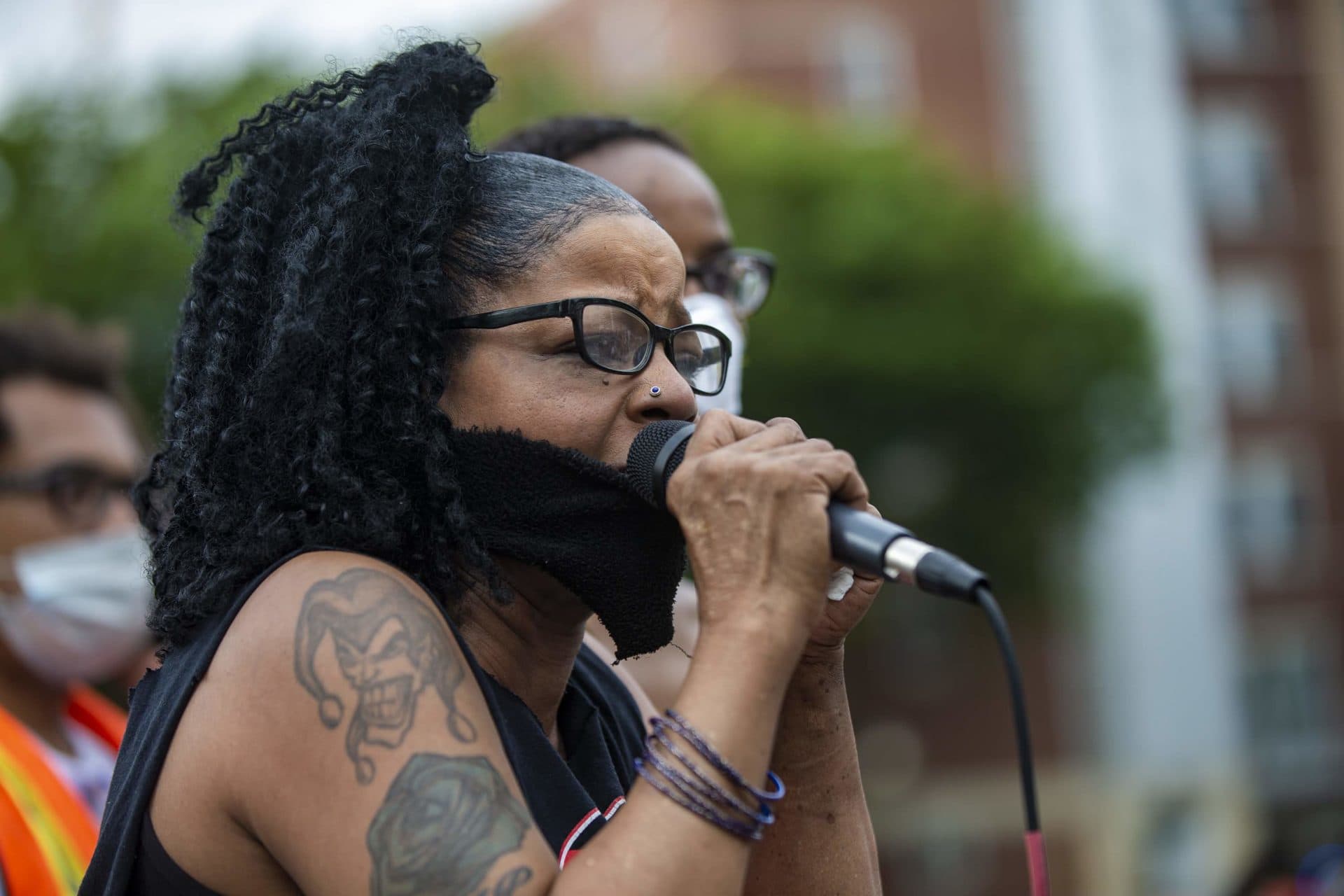Hope Coleman, mother of Terrence Coleman, who was shot and killed by police in 2016, spoke during the rally in Peters Park. (Jesse Ciosta/WBUR)