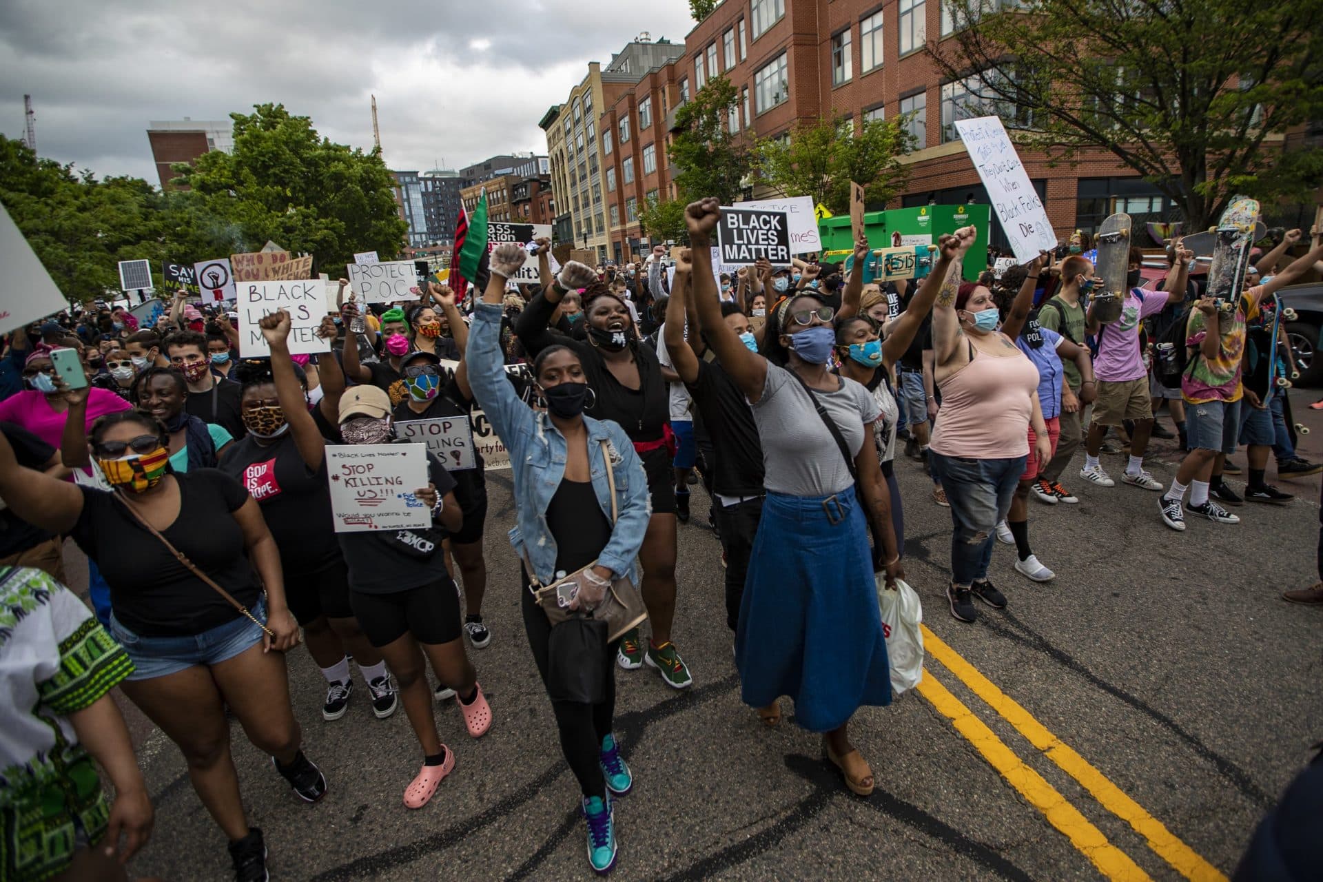 Protesters march down Washington Street from Peters Park in the South End. (Jesse Costa/WBUR)