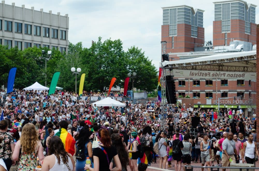 City Hall as people gather from the 2017 Boston Pride Parade (Elizabeth Gillis/WBUR)