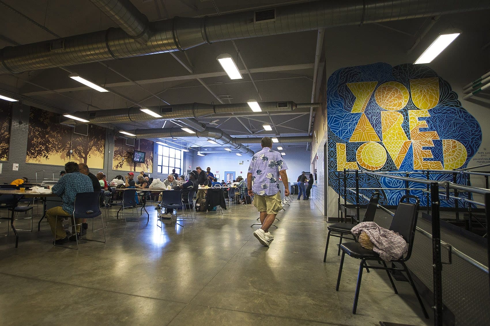 The cafeteria and common area at Southampton Street Shelter in Boston, pictured in 2018 (Jesse Costa)