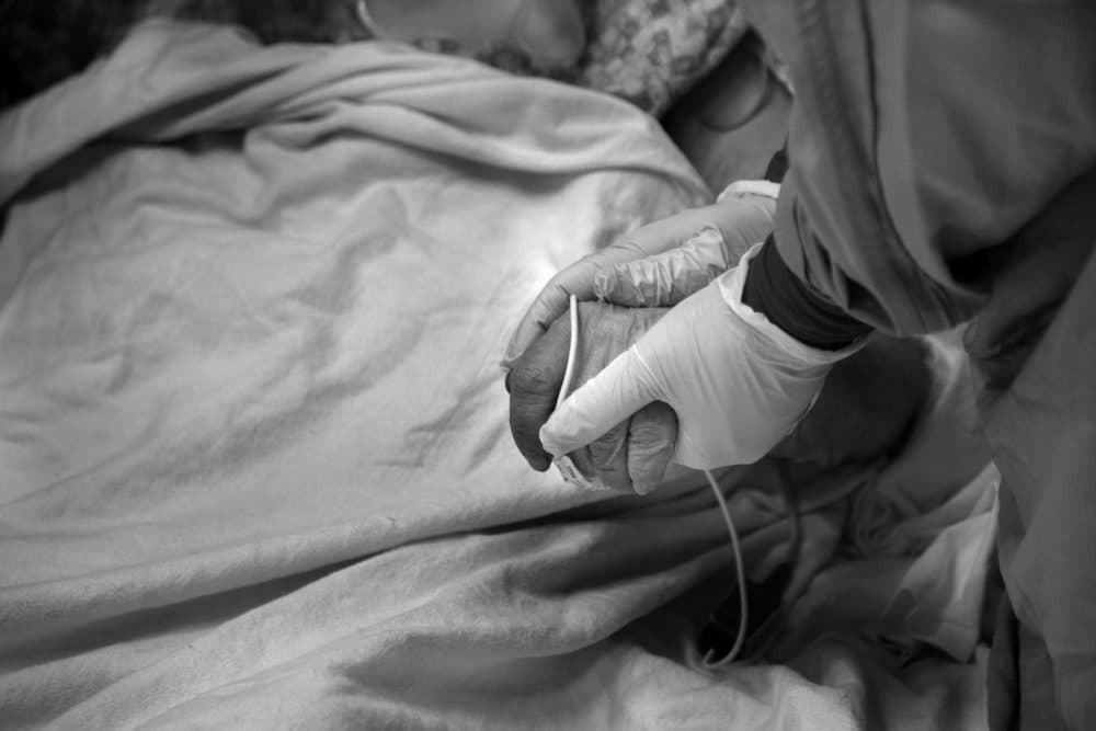 A COVID-19 patient at Holy Name Medical Center during the first weeks of the COVID-19 pandemic. (Jeff Rhode/Holy Name Medical Center)