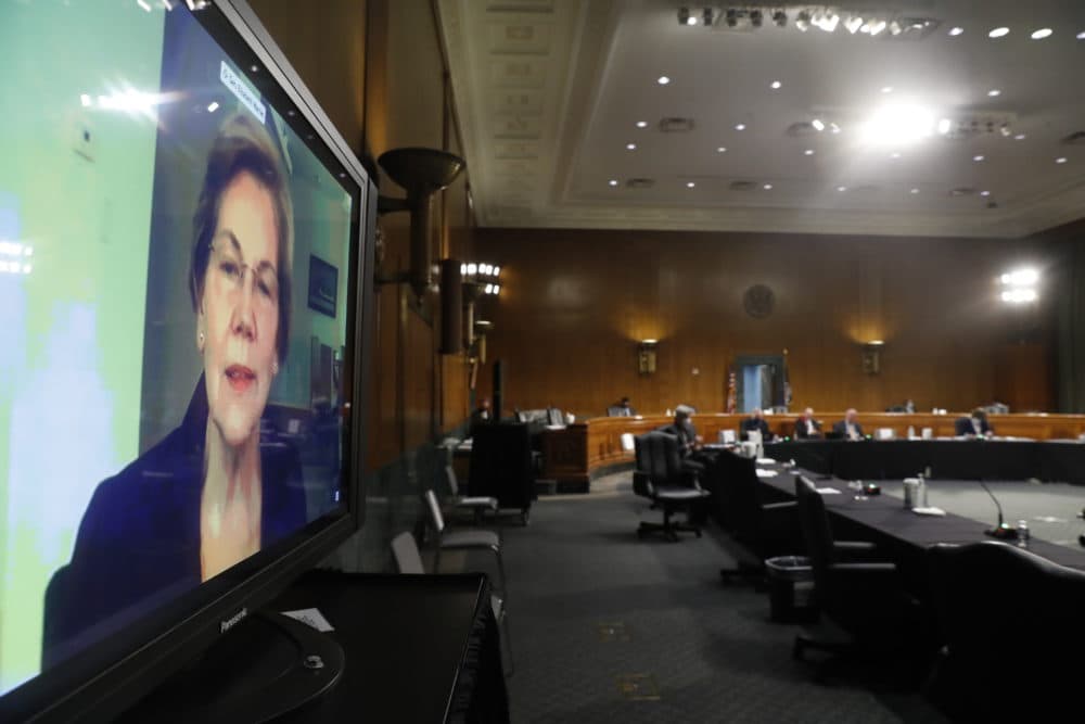 In this May 7, 2020, photo, Sen. Elizabeth Warren, D-Mass., speaks via teleconference during a Senate Health Education Labor and Pensions Committee hearing on new coronavirus tests on Capitol Hill in Washington. (Andrew Harnik, AP Pool)
