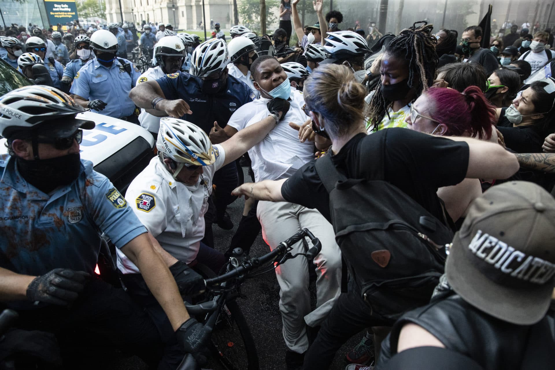 Police and protesters clashed on Saturday in Philadelphia, during a demonstration over the death of George Floyd. (Matt Rourke/AP)