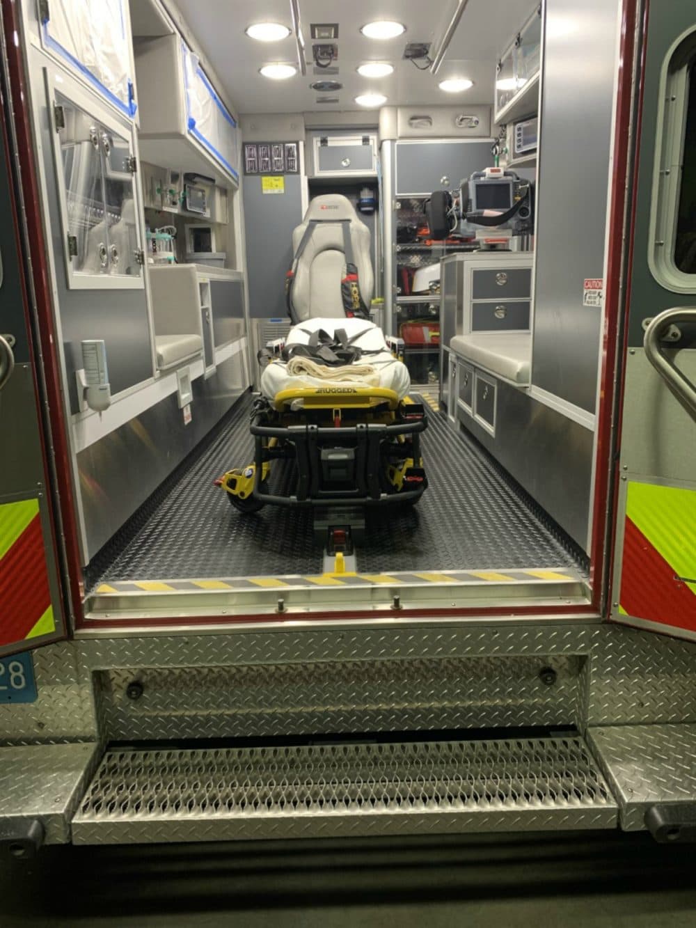 Ted's ambulance airs out after sanitizing. The first call of the day, which came in about three hours before this photo was taken, was for a patient with known COVID-19 who was found sleeping in a local park. (Courtesy)