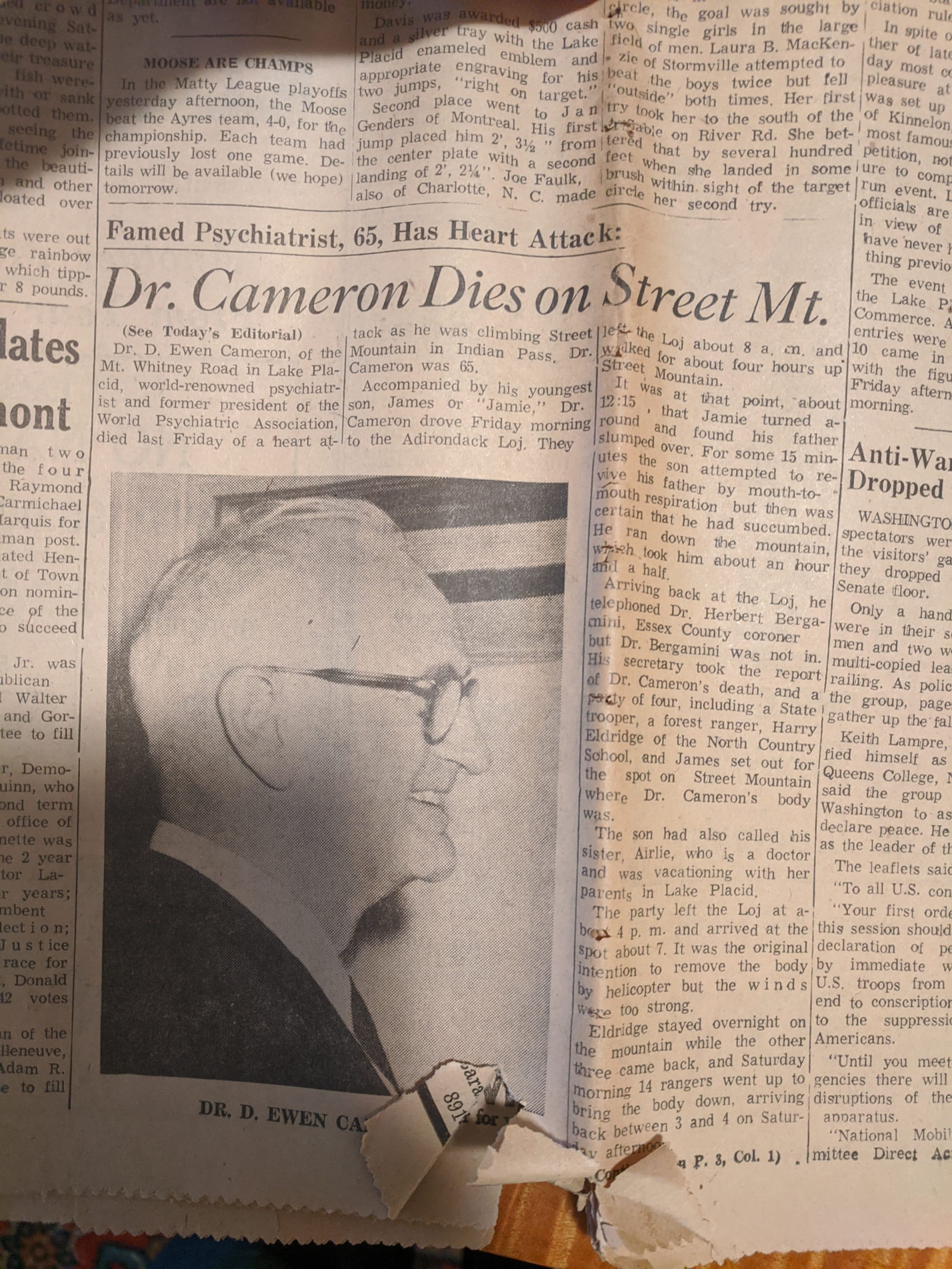 Report about Dr. Cameron's death in the Adirondack Daily Enterprise (courtesy Duncan Cameron)
