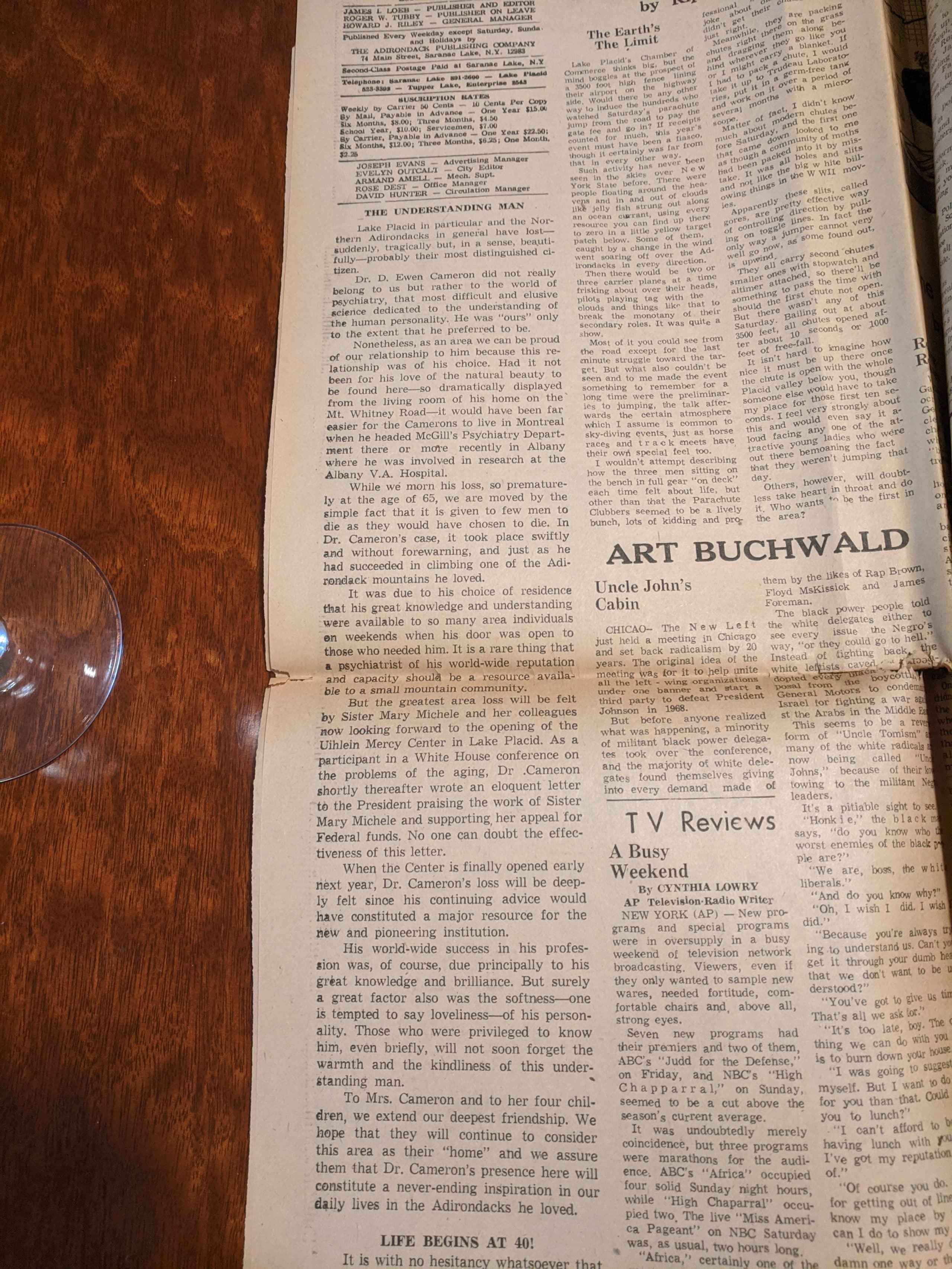 Editorial in the Adirondack Daily Enterprise following Dr. Ewen Cameron's death (courtesy Duncan Cameron)