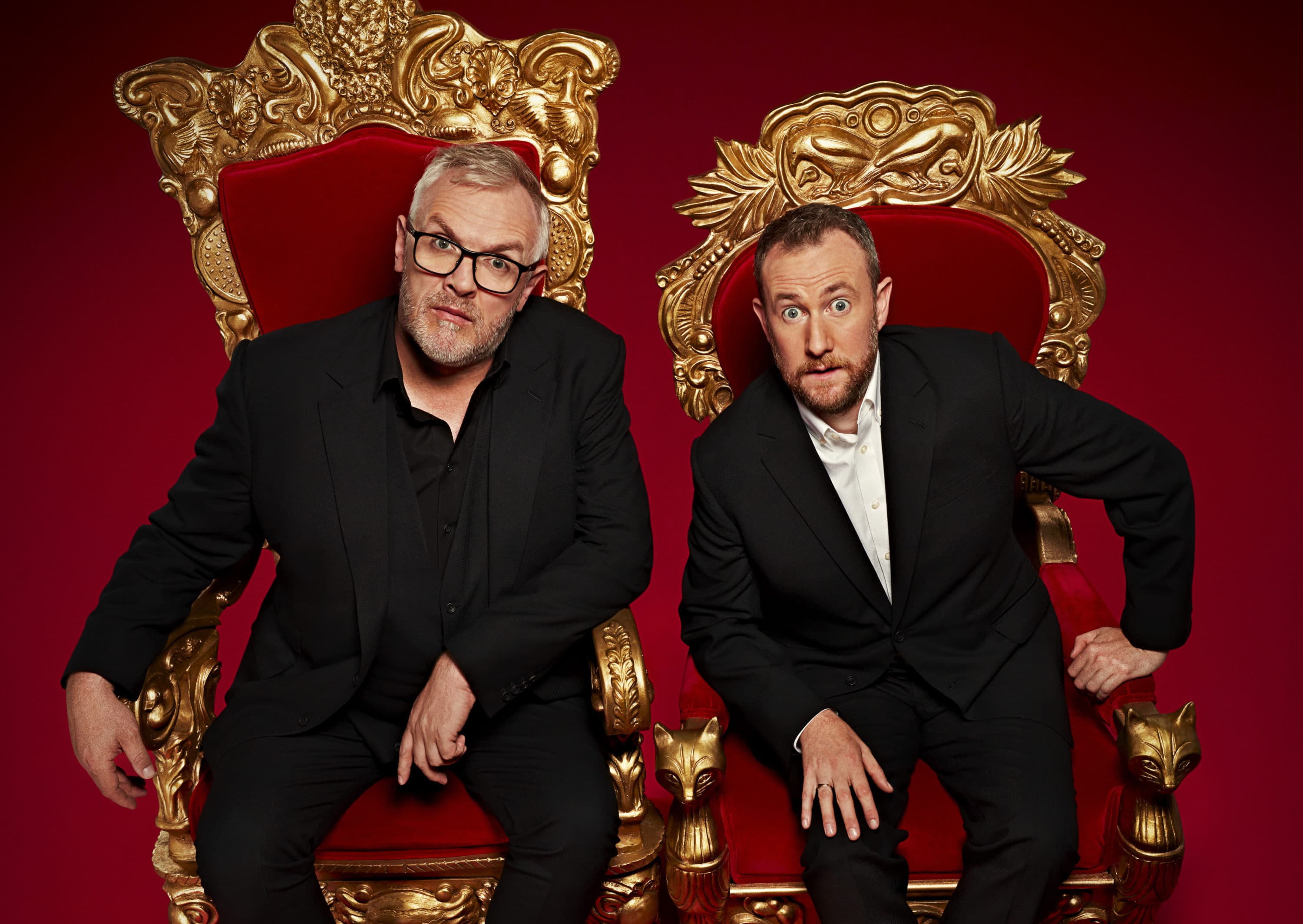 British comedians Greg Davies (left) and Alex Horne (right) host the TV show "Taskmaster." (Courtesy Avalon Entertainment)