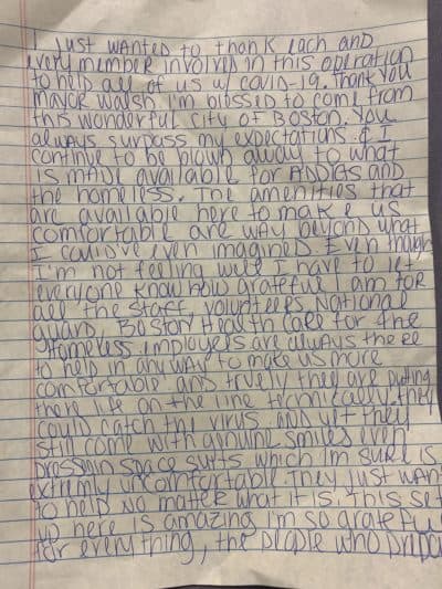 A letter of thanks from a patient who stayed in the homeless respite portion of Boston Hope. (Photo courtesy of Bridget Sullivan)