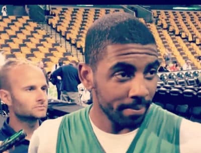 Adam Himmelsbach at an interview with ex-Celtic Kyrie Irving. (Courtesy Adam Himmelsbach)