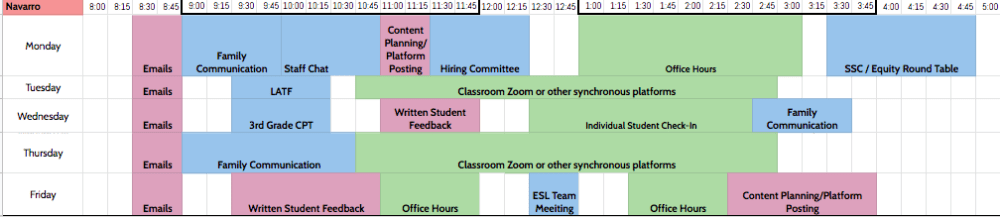 A typical weekday schedule for Vero Navarro, which doesn't include impromptu, unofficial work such as phone calls from students and parents. (Courtesy Vero Navarro)