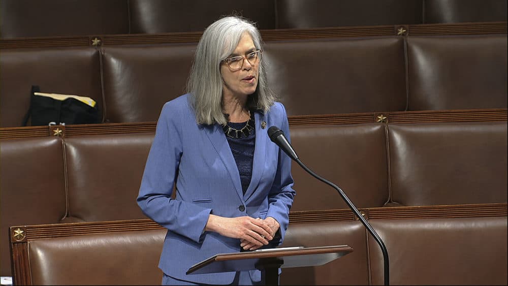 In this image from video, Rep. Katherine Clark, D-Mass., speaks on the floor of the House of Representatives at the U.S. Capitol in Washington, Thursday, April 23, 2020. (House Television via AP)