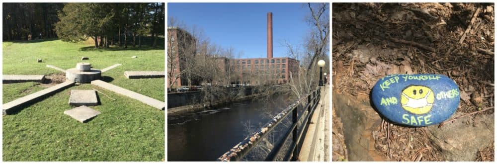 Photographs from the author's walks on the BCT, from left to right: solstice stones on Andover Hill in Andover; mills on the Merrimack River in Lowell; trail wisdom in Ipswich. (Courtesy)