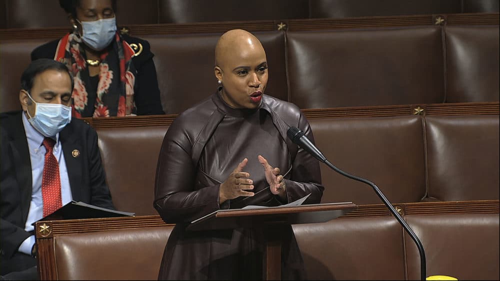 In this image from video, Rep. Ayanna Pressley, D-Mass., speaks on the floor of the House of Representatives at the U.S. Capitol in Washington, Thursday, April 23, 2020. (House Television via AP)