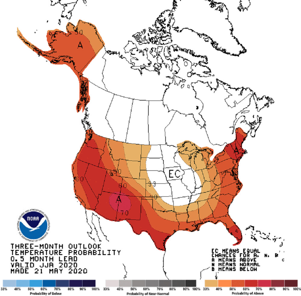 Odds are increasing for a hot dry summer ahead. (Courtesy NOAA)