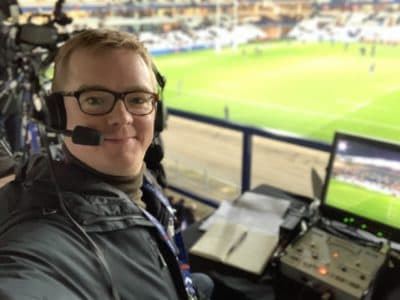 Nick Heath calling a match between France and Italy in the Women’s 6 Nations rugby tournament in February 2020. (Courtesy of Rugby Media)