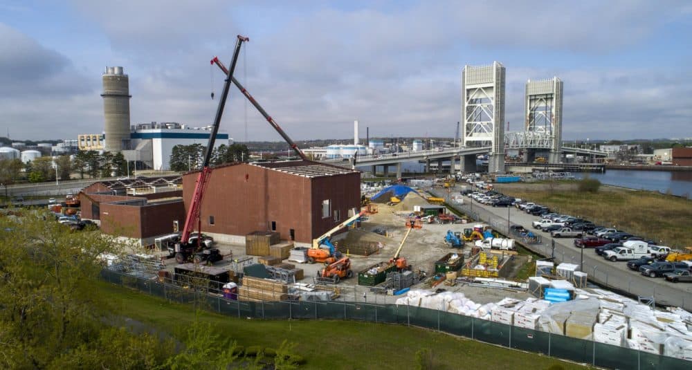 Work under way on the construction of the gas compressor station in Weymouth. (Robin Lubbock/WBUR)