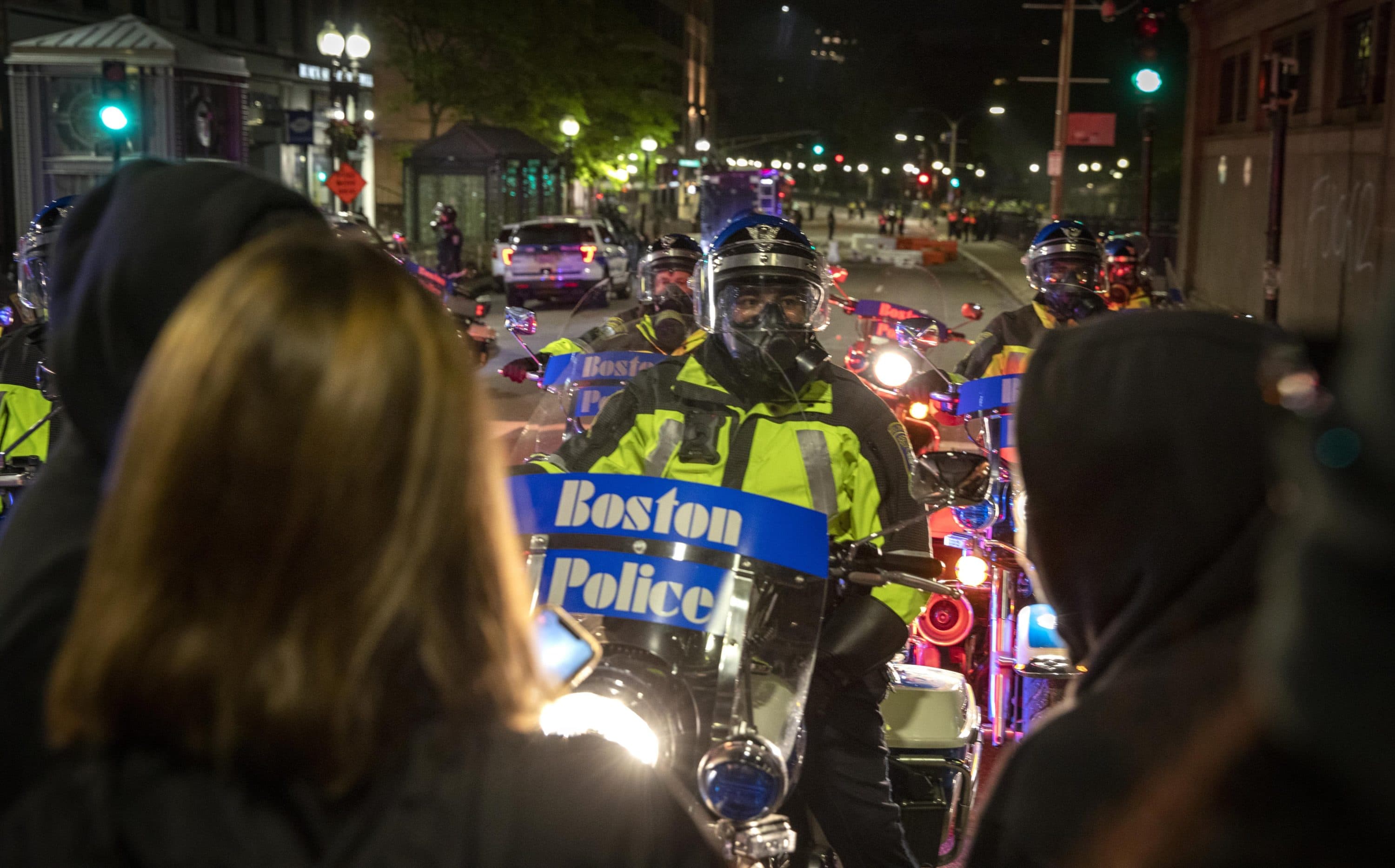 A Boston police officer at the protests against police brutality on May 31 is seen wearing a body camera. (Robin Lubbock/WBUR)