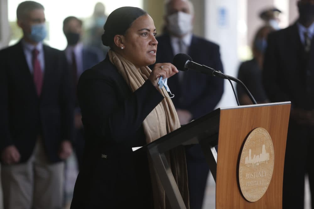 Suffolk County District Attorney Rachel Rollins speaks during Boston Mayor Marty Walsh's daily press briefing, addressing the damage and looting that occurred in Boston following a peaceful demonstration in the memory of George Floyd. (Jessica Rinaldi/Globe Staff/Pool)