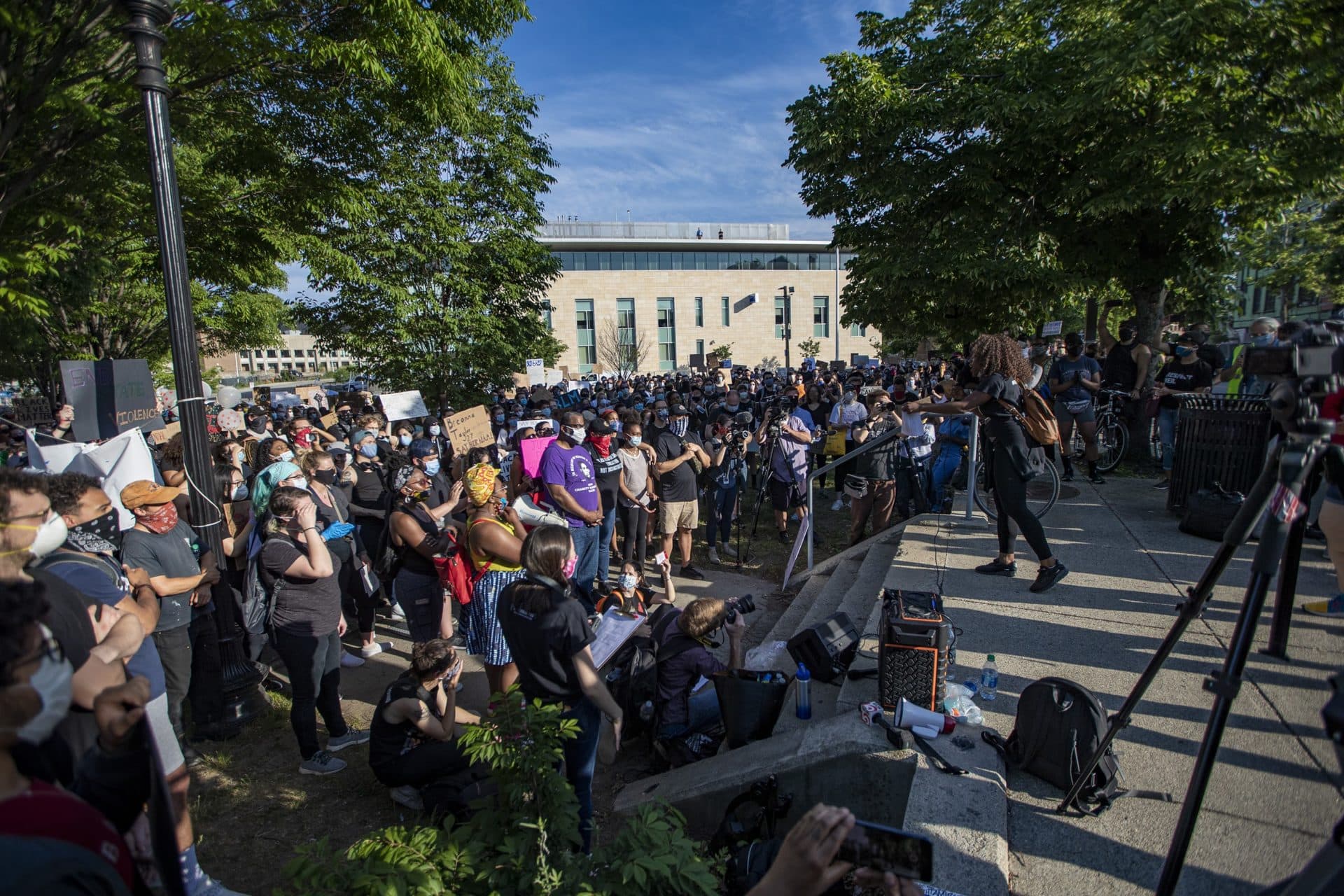 Community organizer Keturah Brewster speaks to the hundreds that gathered in Nubian Square to mark the birthday of Breonna Taylor. (Jesse Costa/WBUR)