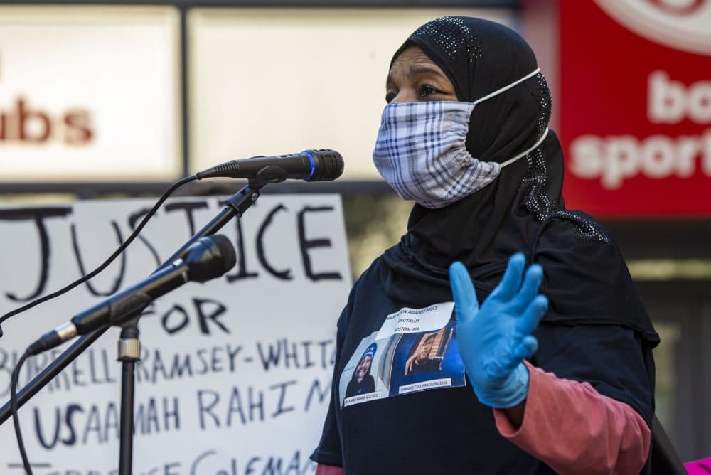 Rahimah Rahim speaks at a rally demanding to reopen deadly force cases by the police, including her son Usaamah, in front of the Suffolk County District Attorney’s office in Boston. (Jesse Costa/WBUR)