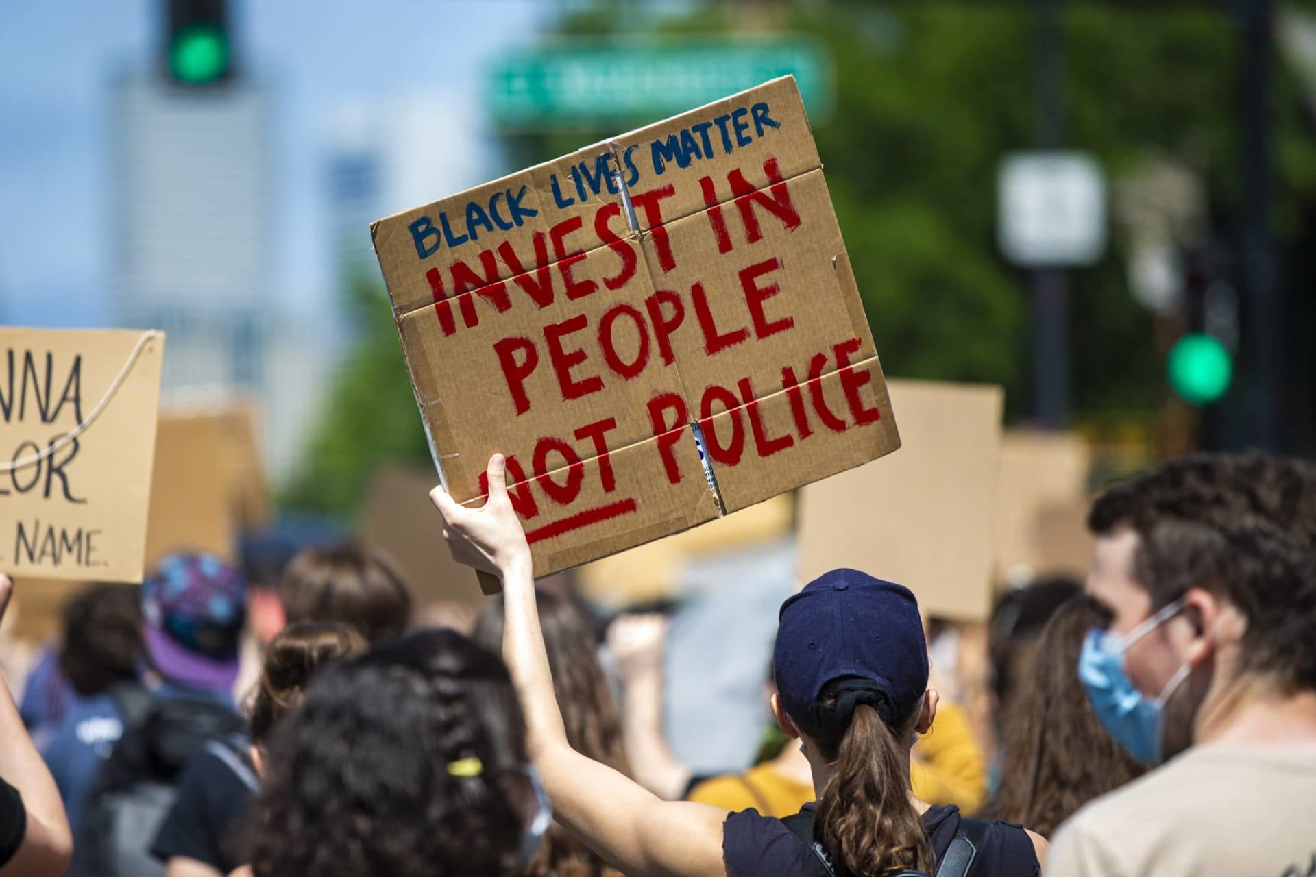 Protesters march up Tremont Street during the Juneteenth protest and march in honor of Rayshard Brooks. (Jesse Costa/WBUR)