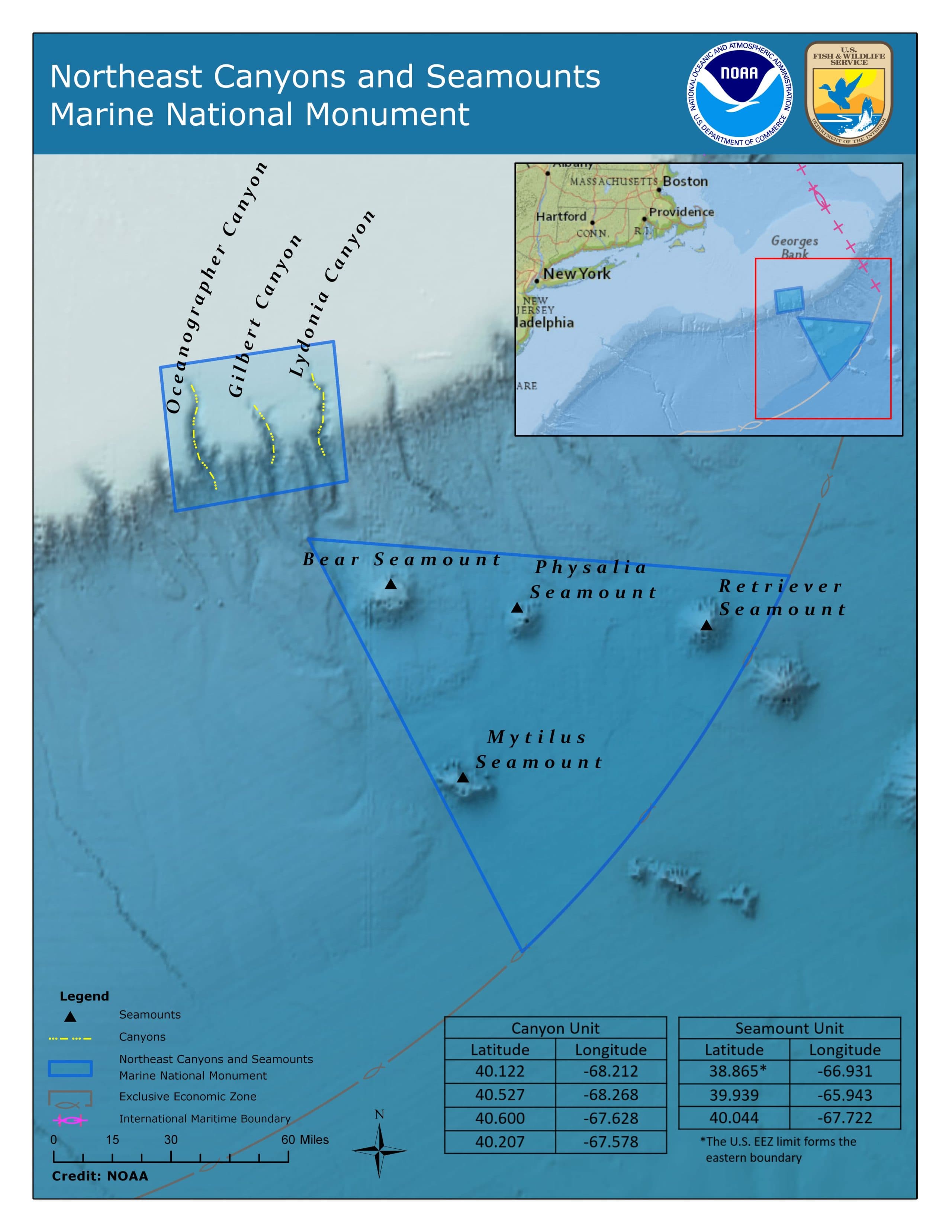 Map of Northeast Canyons and Seamounts Marine National Monument (NOAA)
