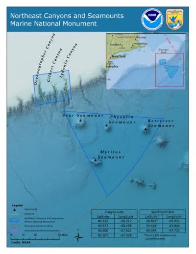 Map of Northeast Canyons and Seamounts Marine National Monument (NOAA)