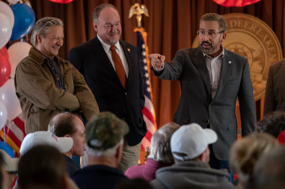 Chris Cooper as Jack Hastings, Brent Sexton as Mayor Braun and Steve Carell as Gary Zimmer in &quot;Irresistible.&quot; (Courtesy Daniel McFadden/Focus Features)