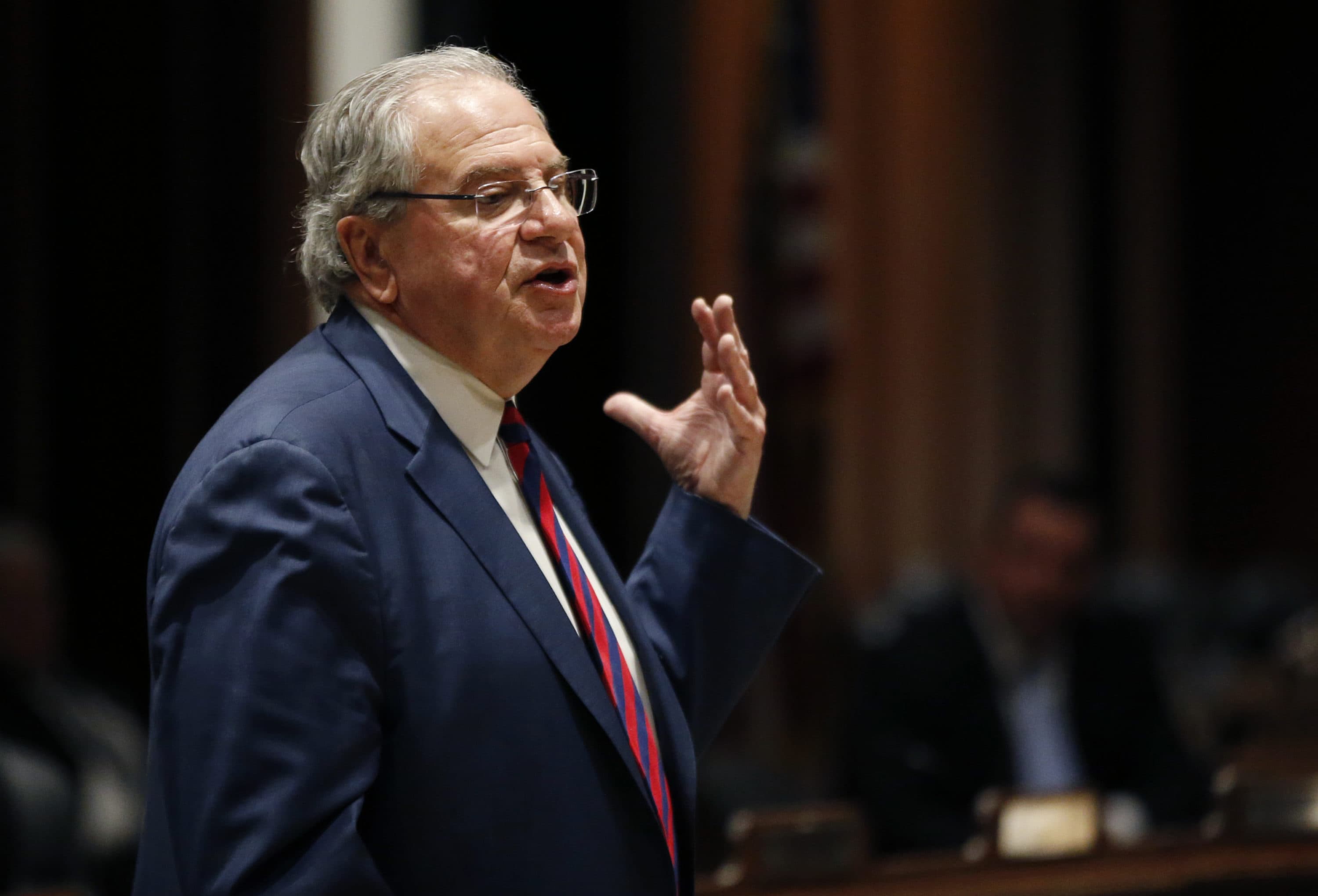 Massachusetts House Speaker Robert DeLeo speaks at the Massachusetts Statehouse in 2019. (Elise Amendola/AP)