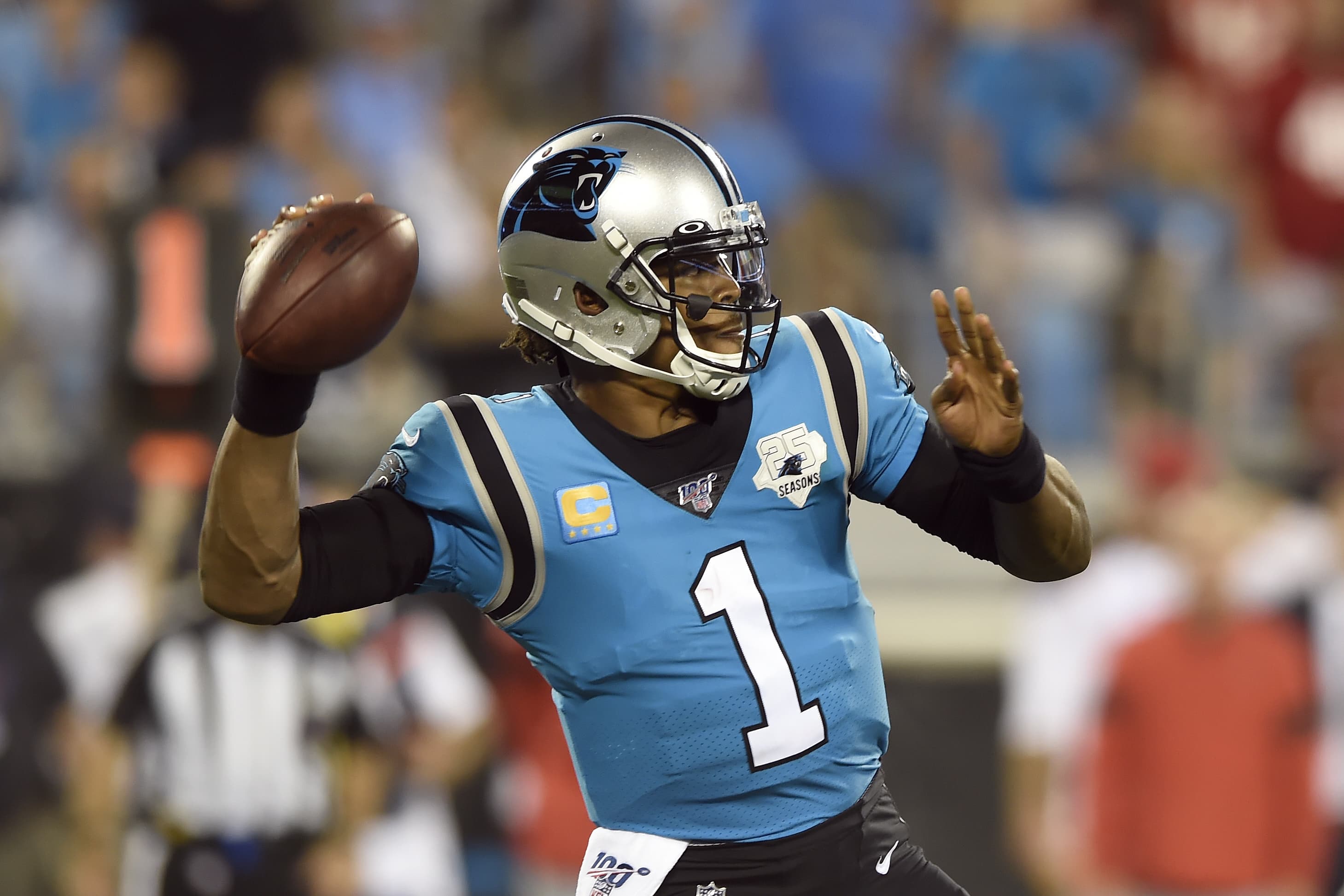 Carolina Panthers quarterback Cam Newton (1) passes against the Tampa Bay Buccaneers during the second half of an NFL football game in Charlotte, N.C., Sept. 12, 2019. (Mike McCarn/AP)