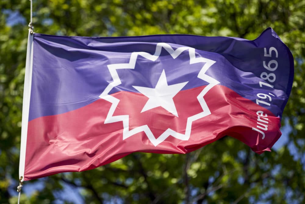 The Juneteenth flag, commemorating the day that slavery ended in the U.S., flies in Omaha, Neb., Wednesday, June 17, 2020. (Nati Harnik/AP Photo)