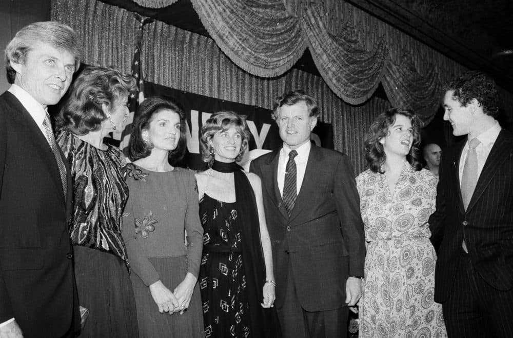 In this Dec. 12, 1979 file photo, members of the Kennedy family pose at a fund raising dinner at the Hotel Pierre in New York. From left: Steve Smith, Pat Lawford, Jackie Onassis, Jean Kennedy Smith, Sen. Edward M. Kennedy (D-Mass.), Kerry Kennedy, daughter of the late Robert F. Kennedy, and Steve Smith Jr.  (Richard Drew/AP File)
