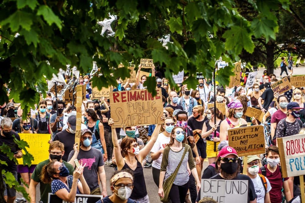Demonstrators march against racism and police brutality and to defund the Minneapolis Police Department on June 6, 2020 in Minneapolis, Minnesota. (KEREM YUCEL/AFP via Getty Images)