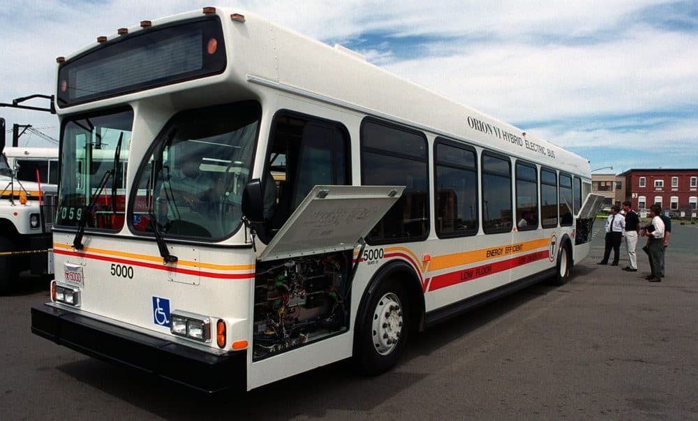 One of four prototype clean fuel buses on display. (Photo by George Rizer/The Boston Globe via Getty Images)