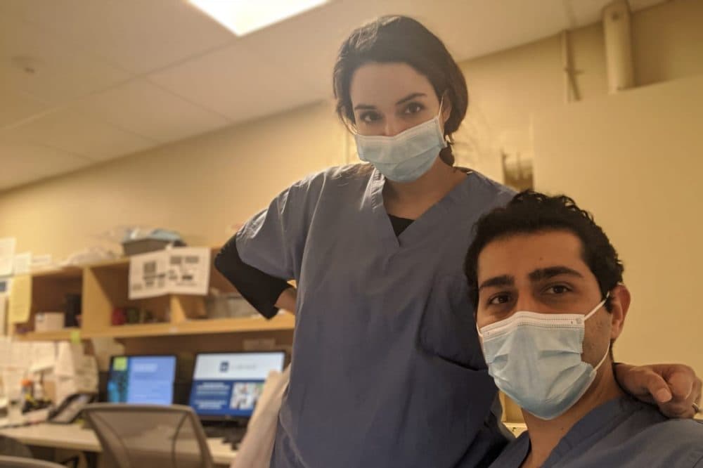 The author and her husband, Ahmed Gemei, during a shift at Boston Medical Center. (Courtesy)