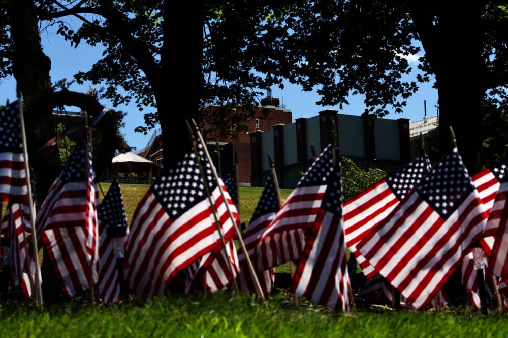 Flags outside of the Holyoke Soldiers' Home. (Miriam Wasser/WBUR)
